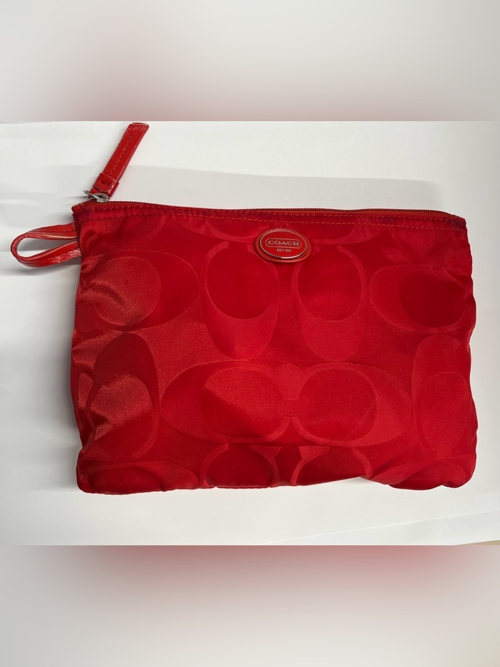 Coach Large Red Nylon Make Up Pouch Zip Clutch